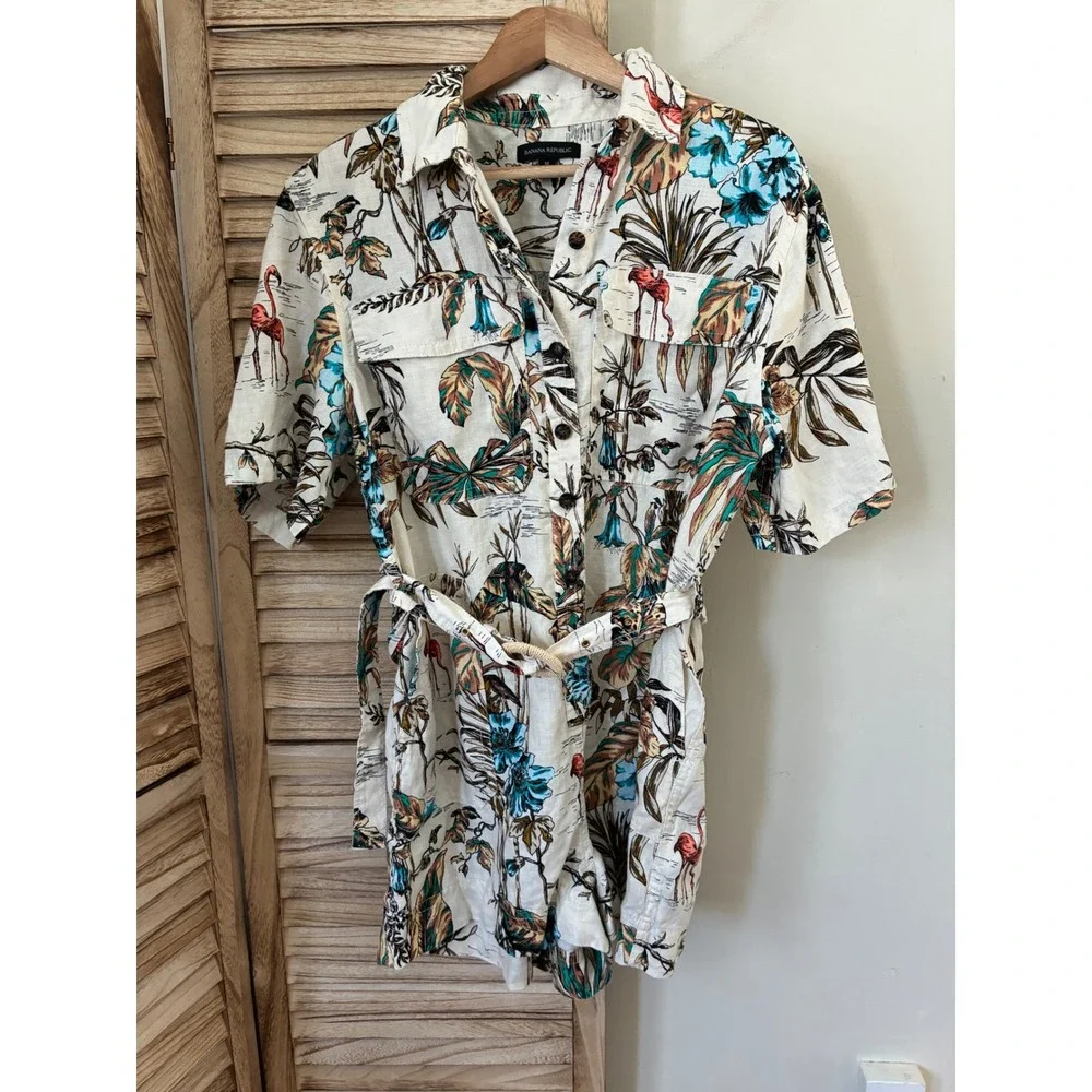 Banana Republic Linen Tropical Flamingo Print Belted Romper Size M Vacations